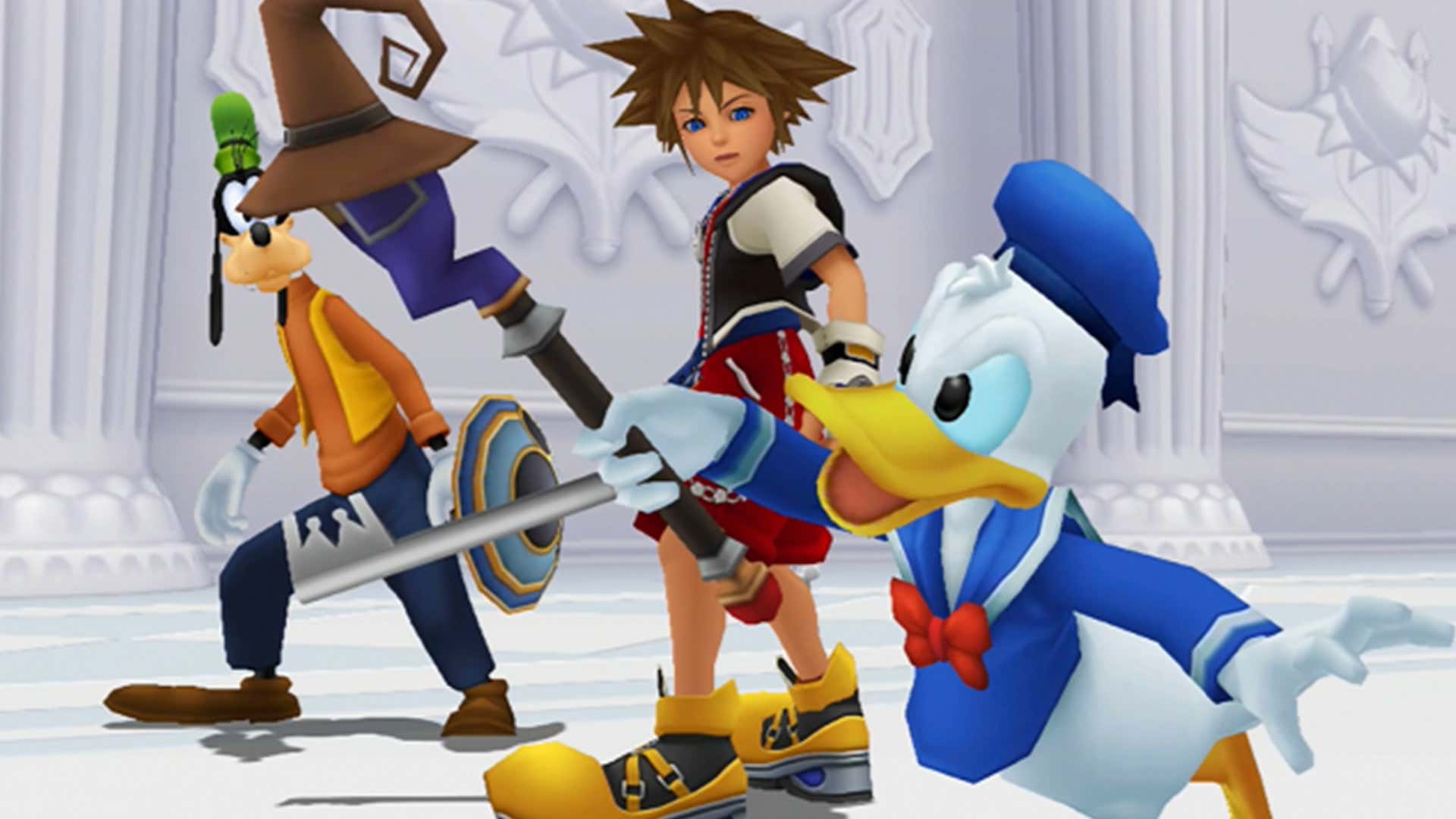 Goofy, Sora and Donald Duck stand together in a bright white room. 